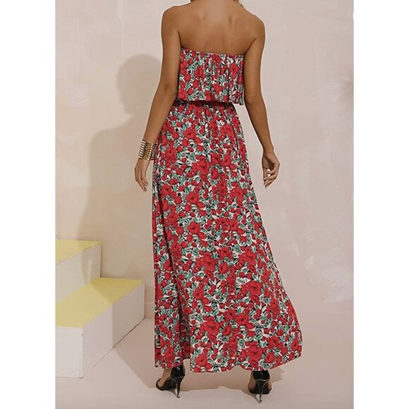 Boho‎ Red Floral Printed Ruffle Strapless Flowy Long Summer Maxi Dress - Picture 4 of 6